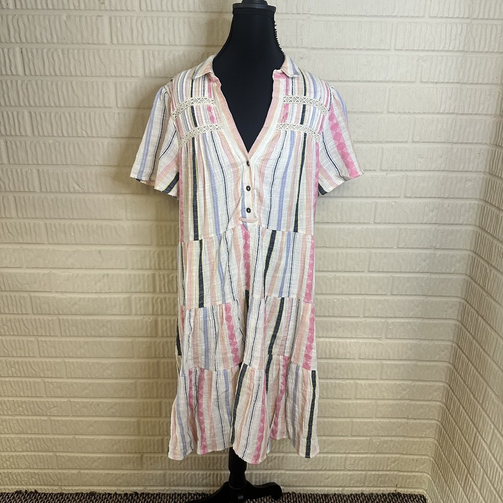 Anthropologie Georgina Stripe Tiered Midi Shift Dress Sz L Colorful Boho Prairie